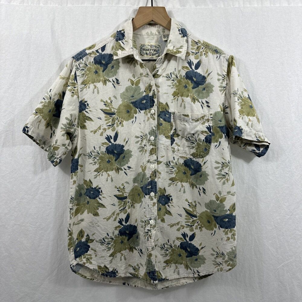 Rosettes Vtg Floral Cotton Linen Short Sleeve Button Up Shirt Womens M Cottage